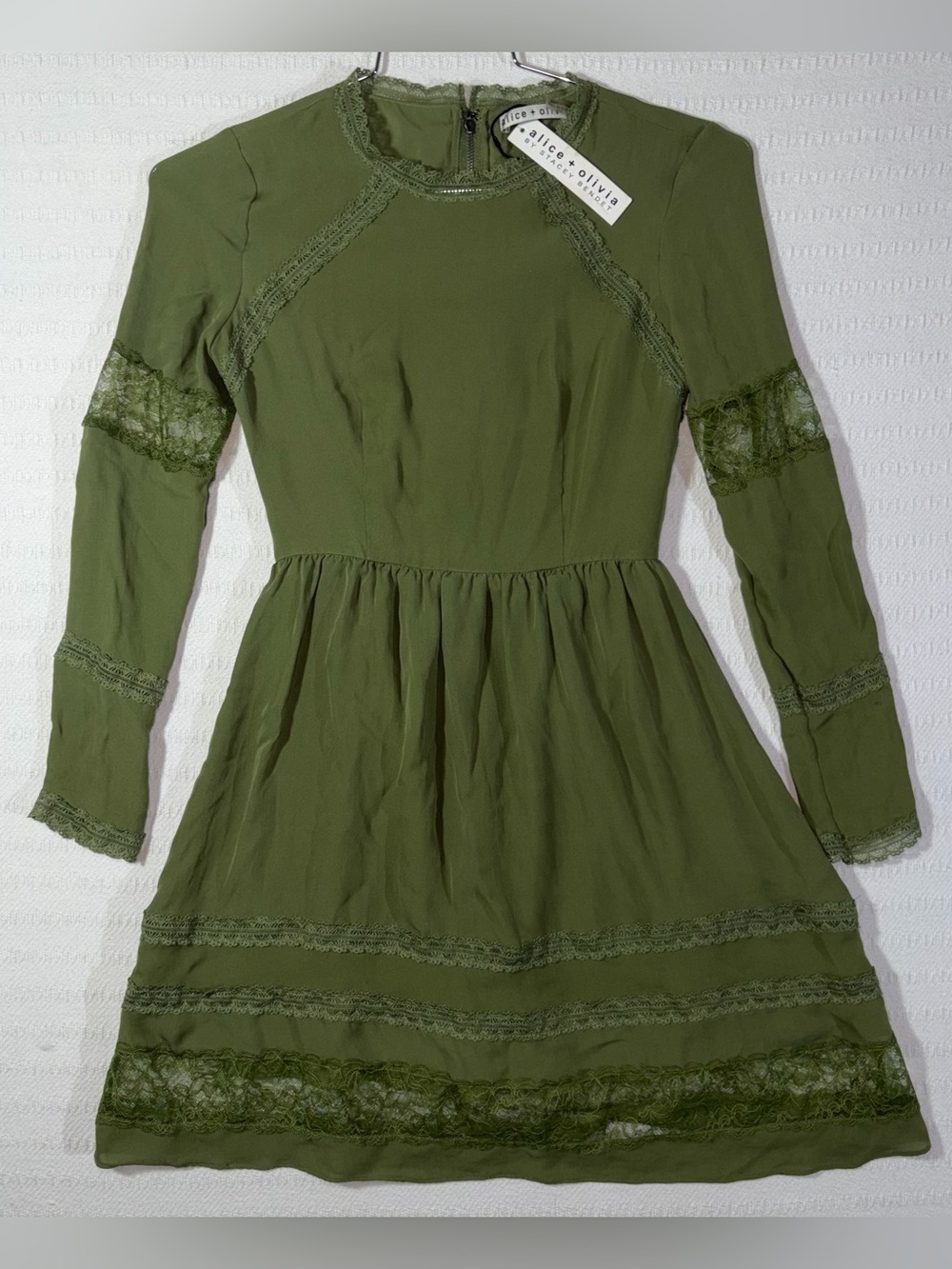 Alice + Olivia Janae Womens Silk Lace Trim A-Line Dress Green Sage Sz 0 NWT $440